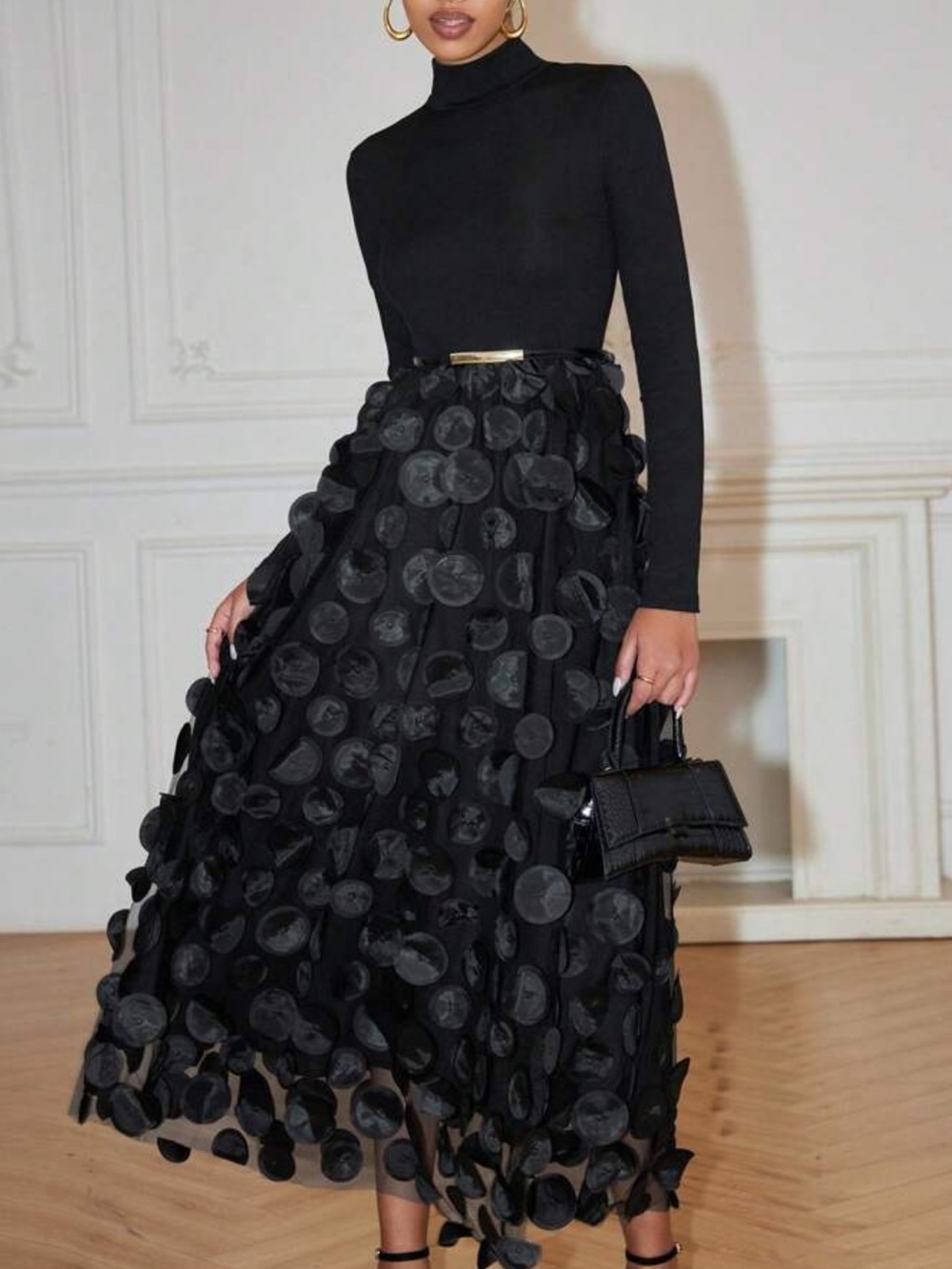 Black Textured Circle Appliqué Maxi Skirt